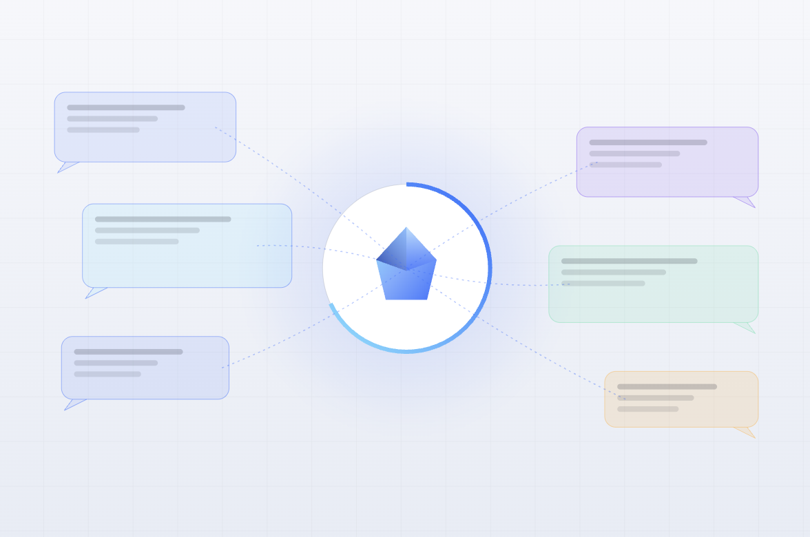 Animated female professional reviewing a conversational intelligence dashboard with speech analytics, sincerity scoring, and emotion tracking for business insights